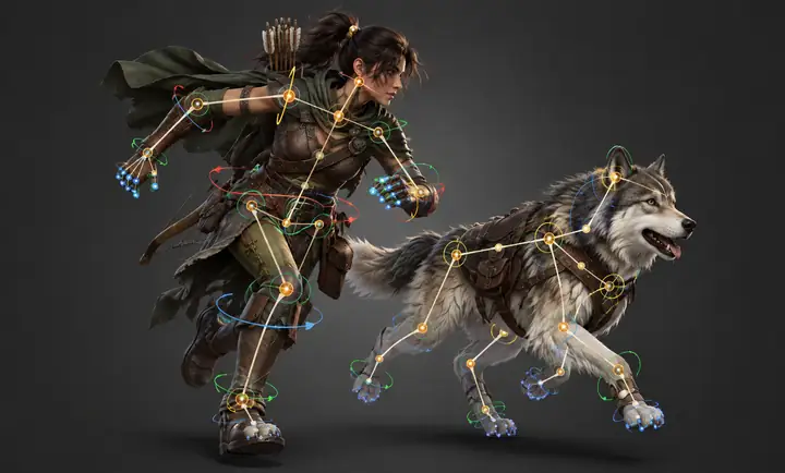 Humanoid and dog 3D models being rigged and animated